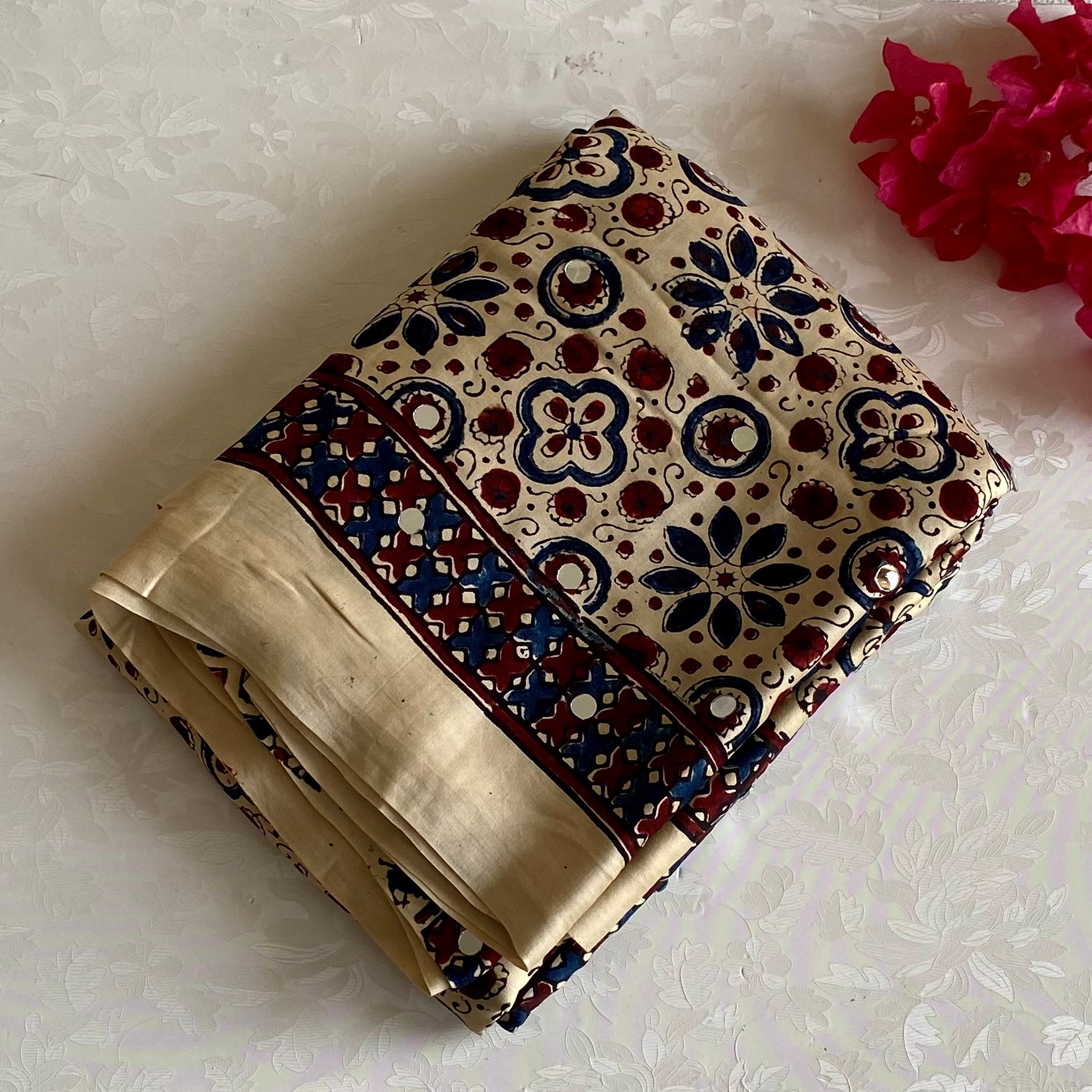 Ajrakh Handblock Printed Handcrafted Mirror Work Silk Saree Buttery Beige With Deep Maroon Accents