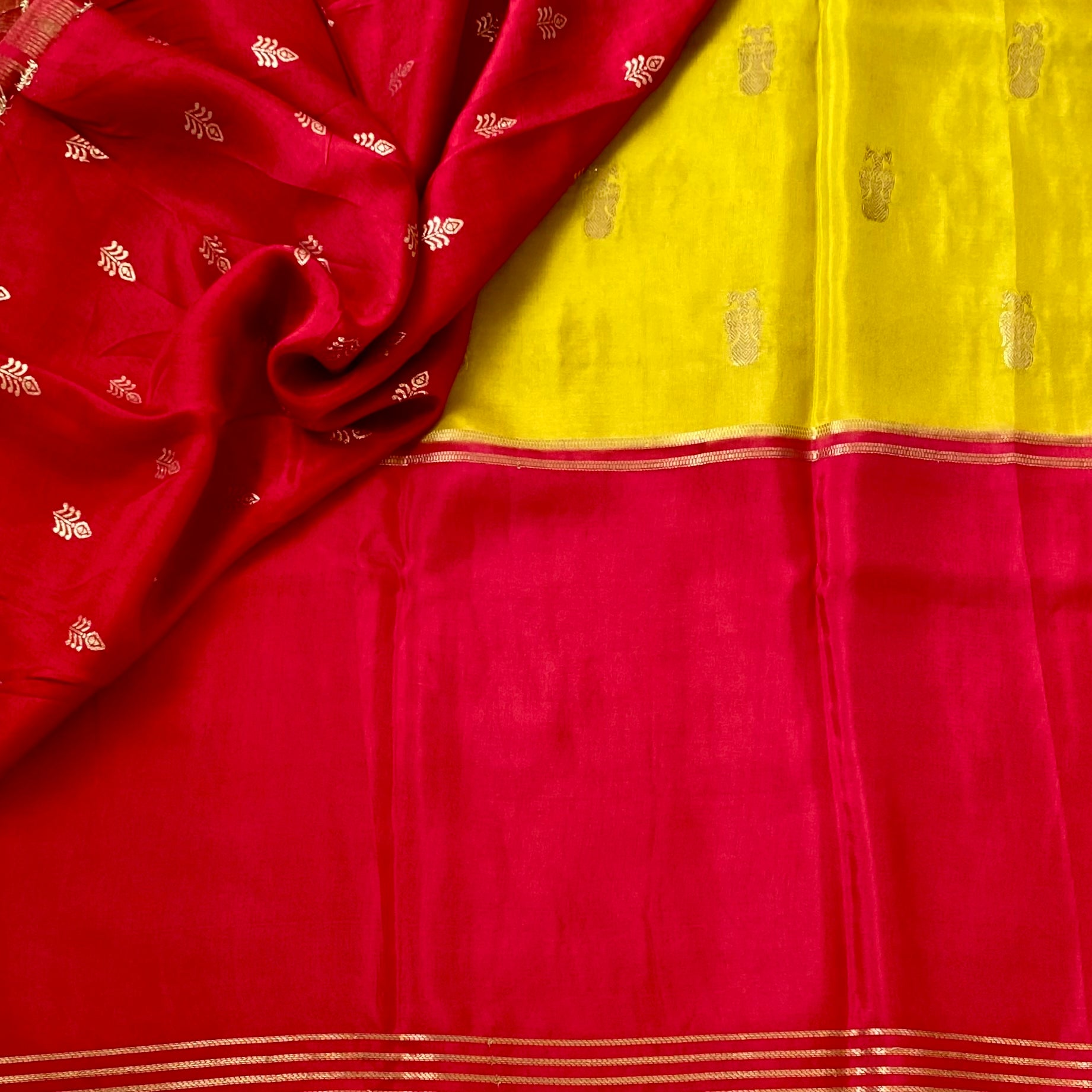 Cherry Red with Lime green Gandaberunda buttas on soft crepe silk
