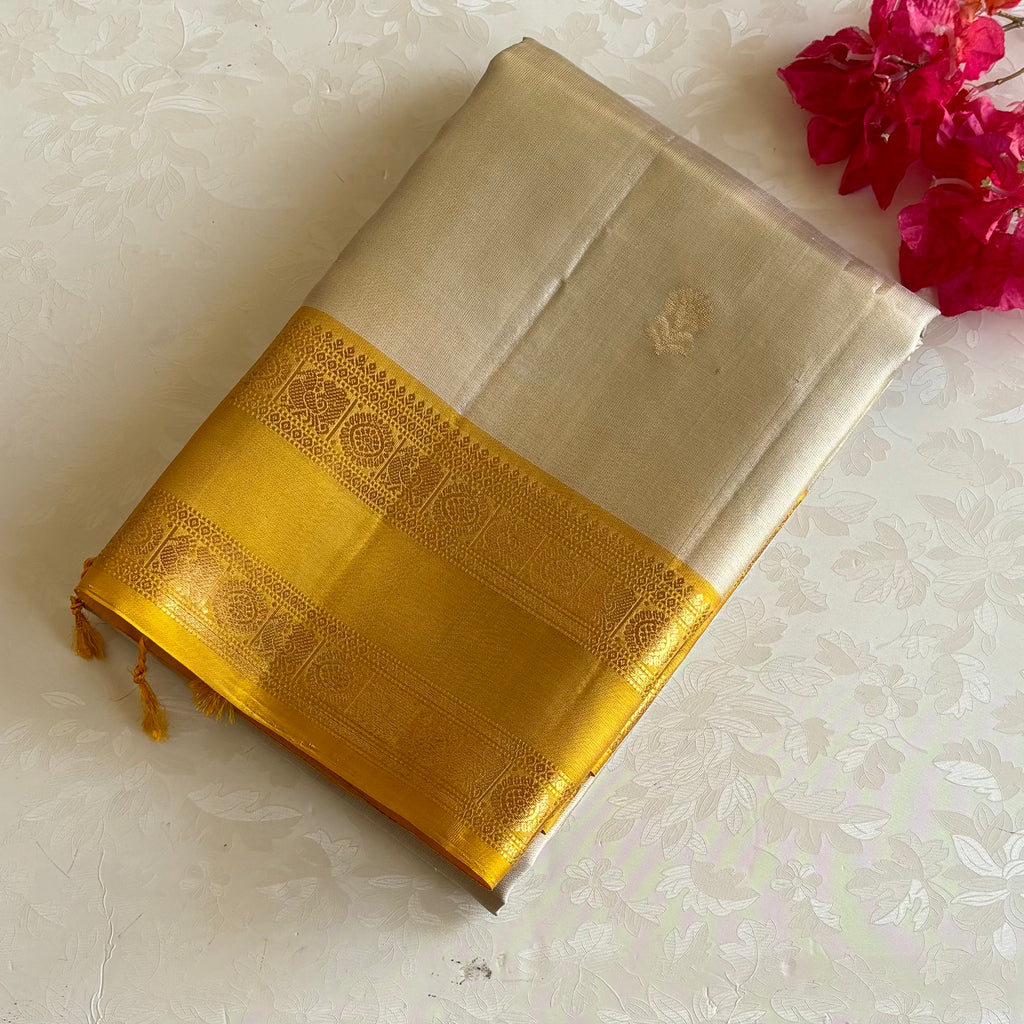 Ivory Beige Designer Pure Silk Saree With Mustard Yellow Pallu And Gold Border