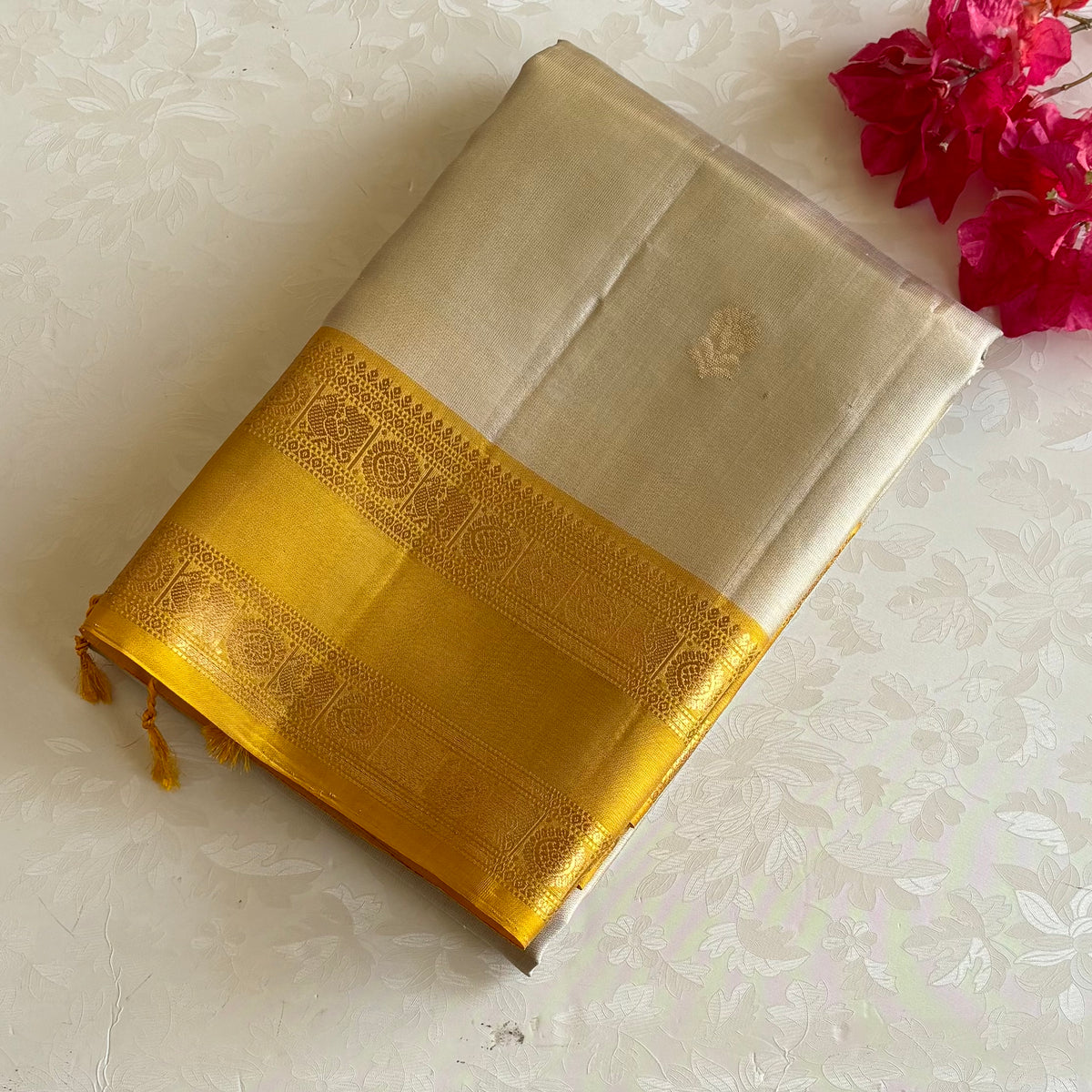 Ivory Beige Designer Pure Silk Saree With Mustard Yellow Pallu And Gold Border
