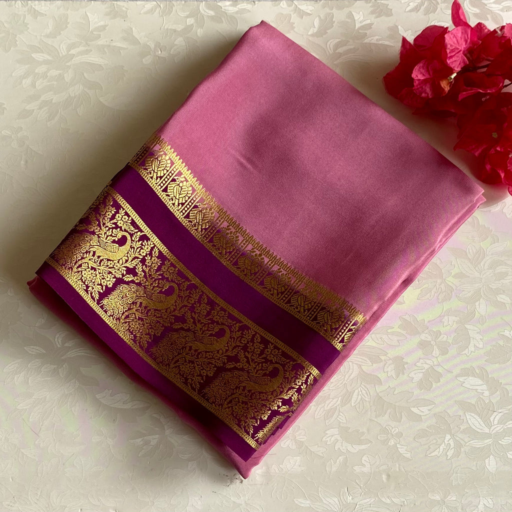 Mysore Crepe Silk Soft Rose Pink Saree With Deep Magenta Pallu