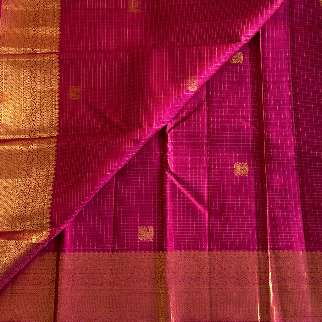 Pomogrante Pink Checkered gold  Pure Zari Kanjeevaram Silko