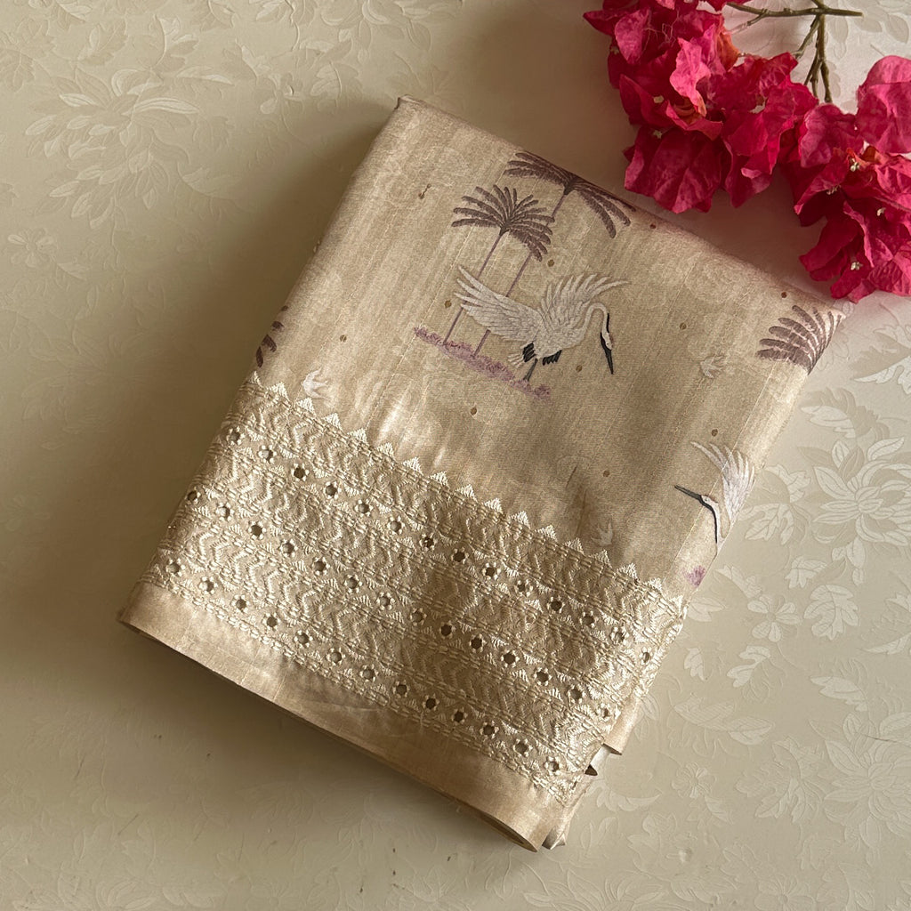 Champagne Beige Bird Print Saree With Embroidered Border Tassel Pallu