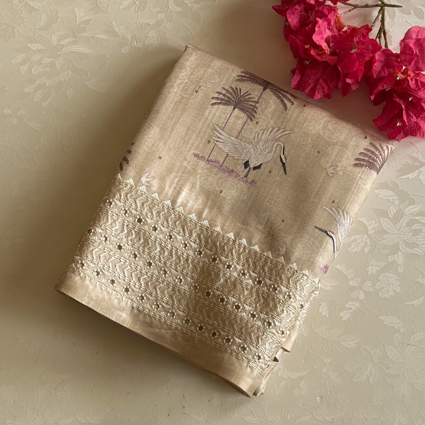 Champagne Beige Bird Print Saree With Embroidered Border Tassel Pallu