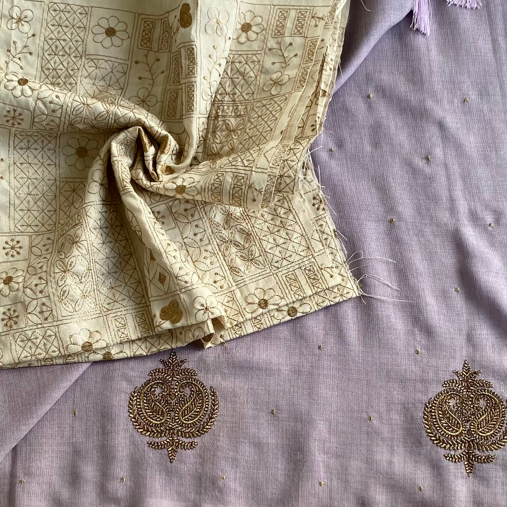 Light Pastel Lavender Lilac Soft Tussar Silk Saree With Antique Gold Embroidery