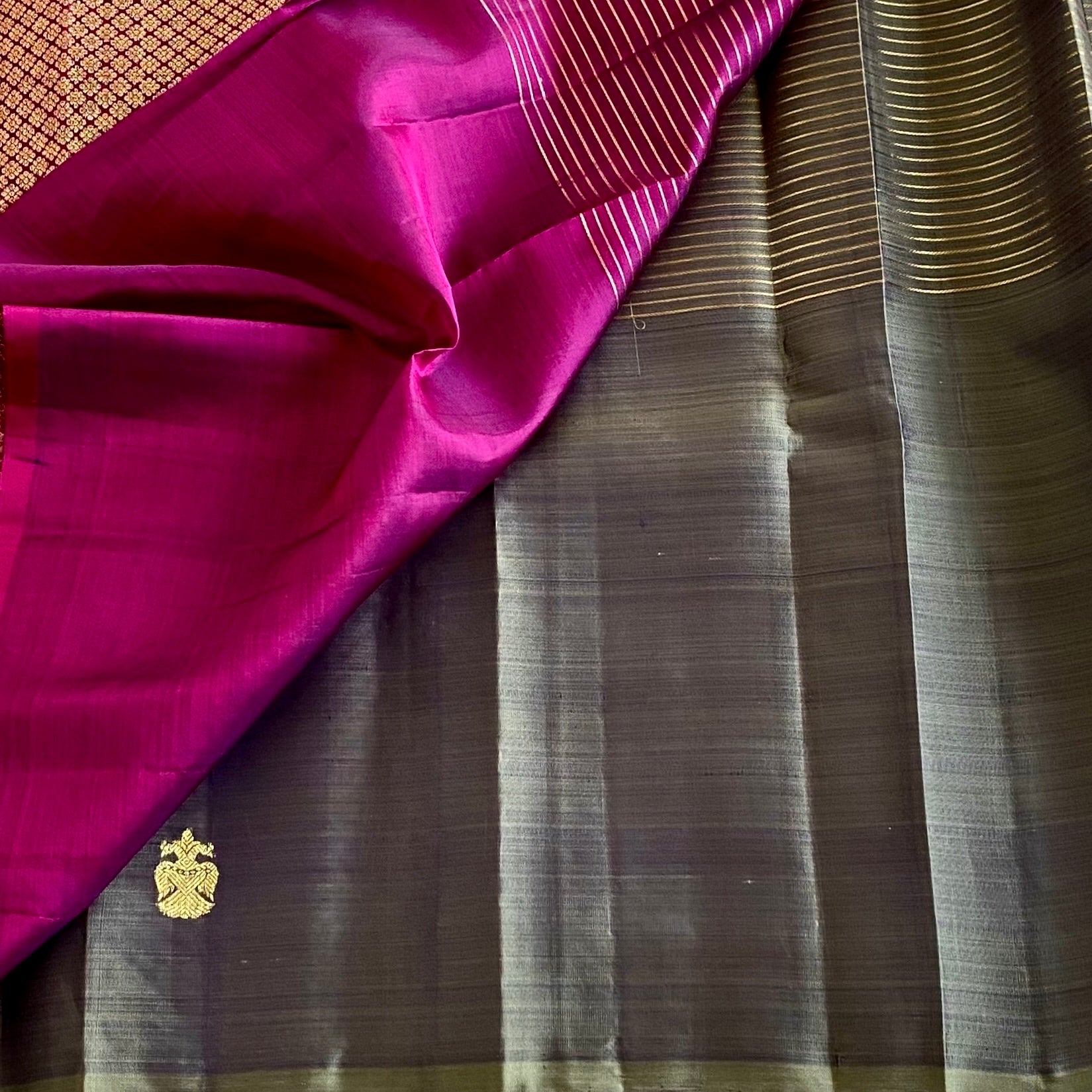 Dual shaded Slate Grey Pure Silk with Rich Magenta Zari Woven Pallu