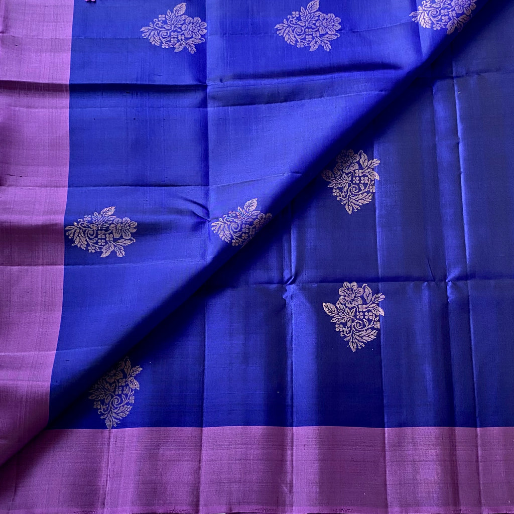 Elegant Royal Blue Orchid Purple Floral Zari Traditional Woven Saree