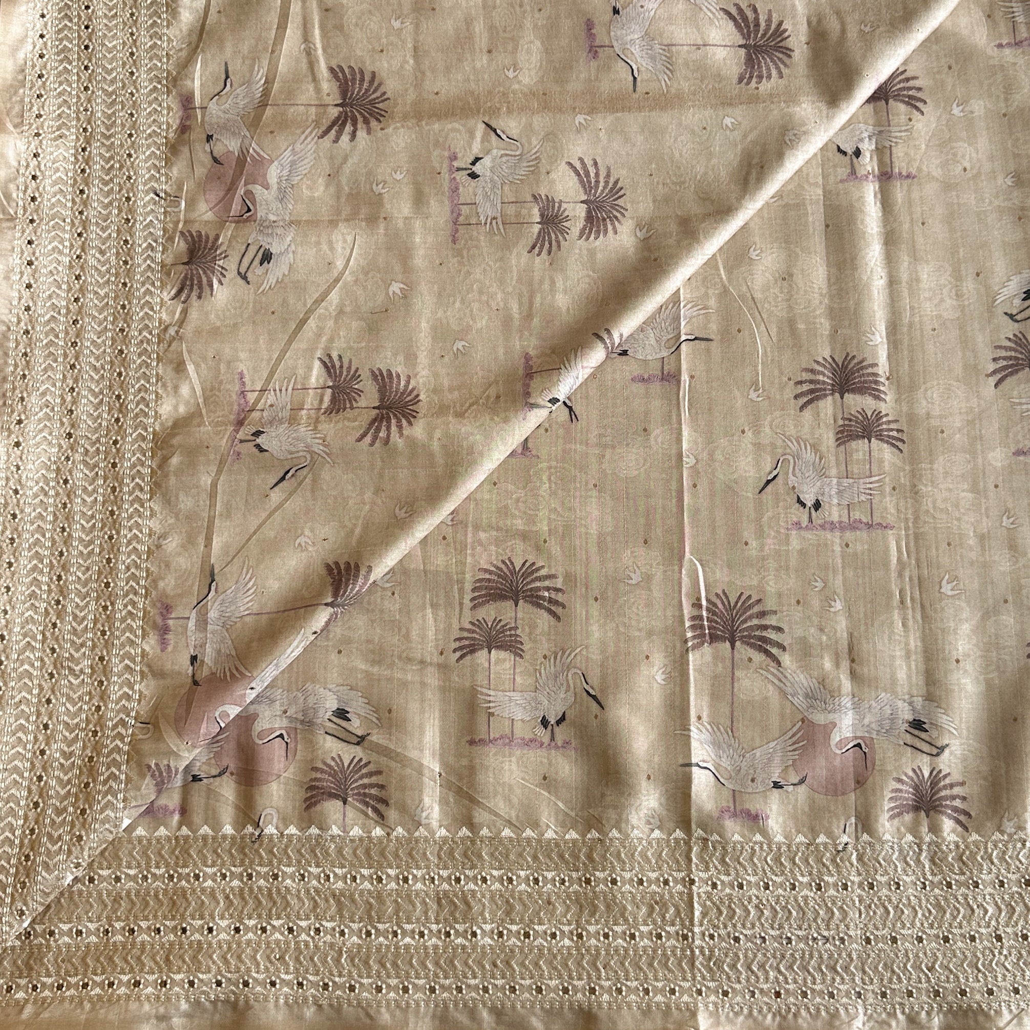 Champagne Beige Bird Print Saree With Embroidered Border Tassel Pallu