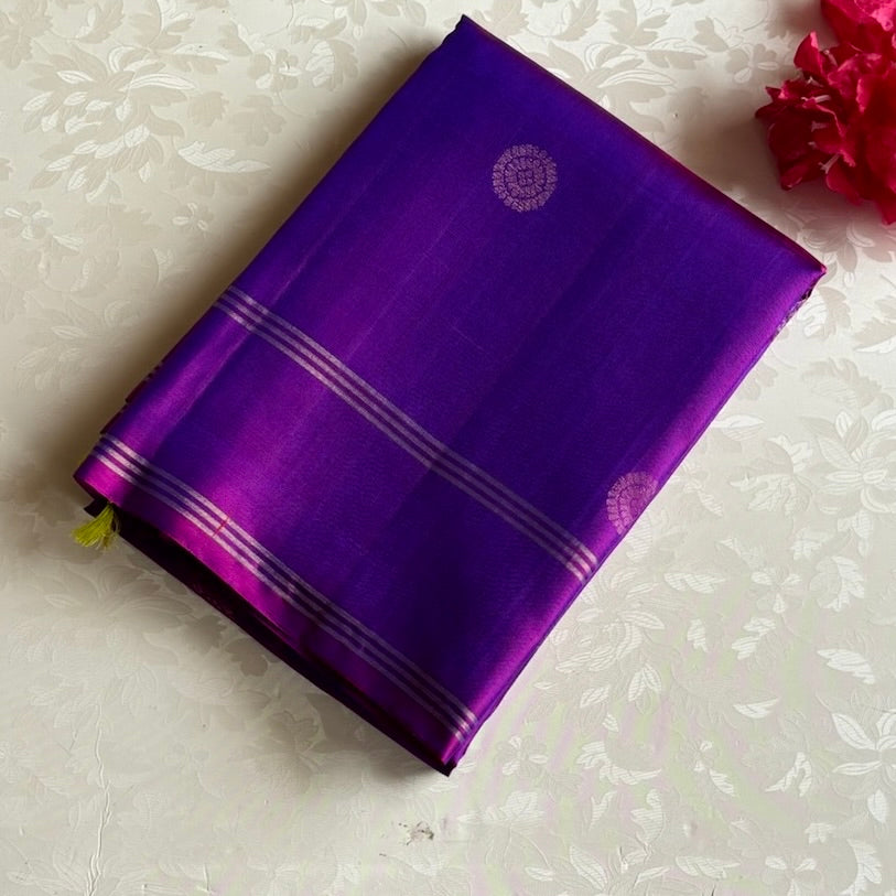 Dual Shaded Magenta Purple Designer Pure Silk Saree With Chartreuse Green Pallu