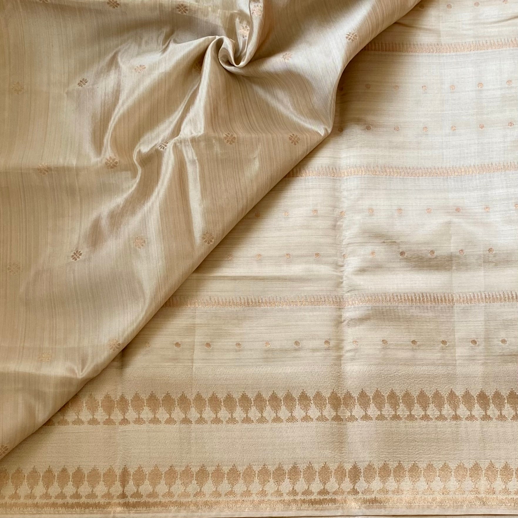 Blush Beige Traditional Saree With Diamond Pallu And Leaf Border