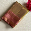 Pastel Dual Shaded Olive Green Designer Pure Silk Saree With Dusty Rose Pallu