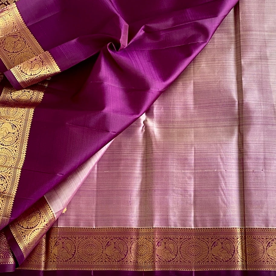 Dusty Mauve Kanjeevaram Pure Zari Silk With Royal Magenta Pallu
