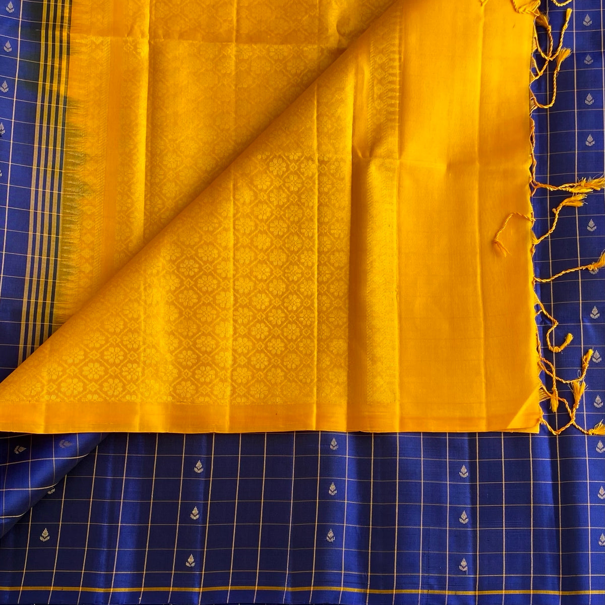 Classic Blue With Sunset Yellow Checkered Designer Pure Silk Saree
