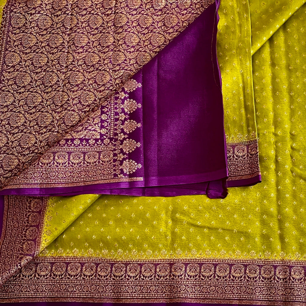 Lime Green Banarasi Soft Crepe Silk Saree With Royal Purple Pallu