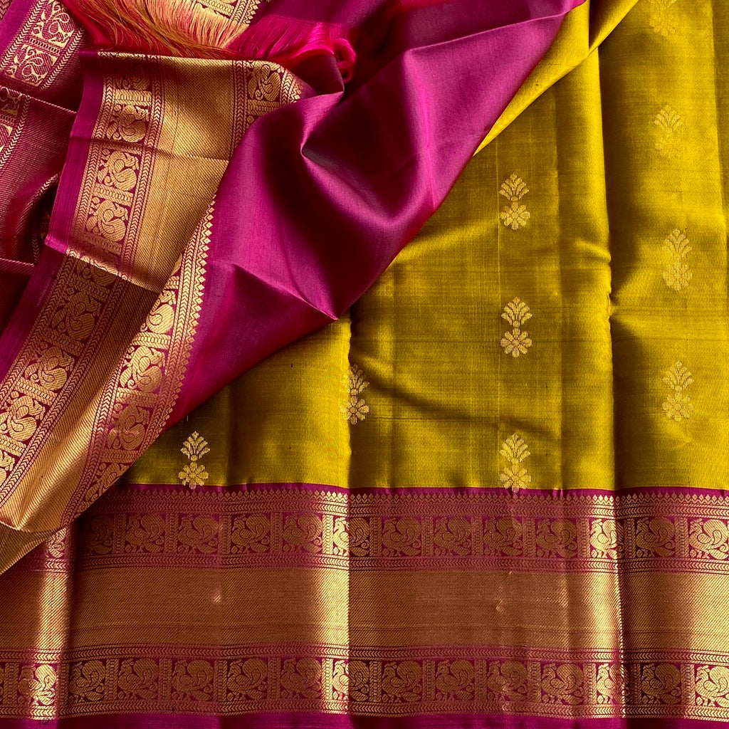 Mustard Green Designer Pure Silk Saree With Deep Magenta Pallu And Gold Borders