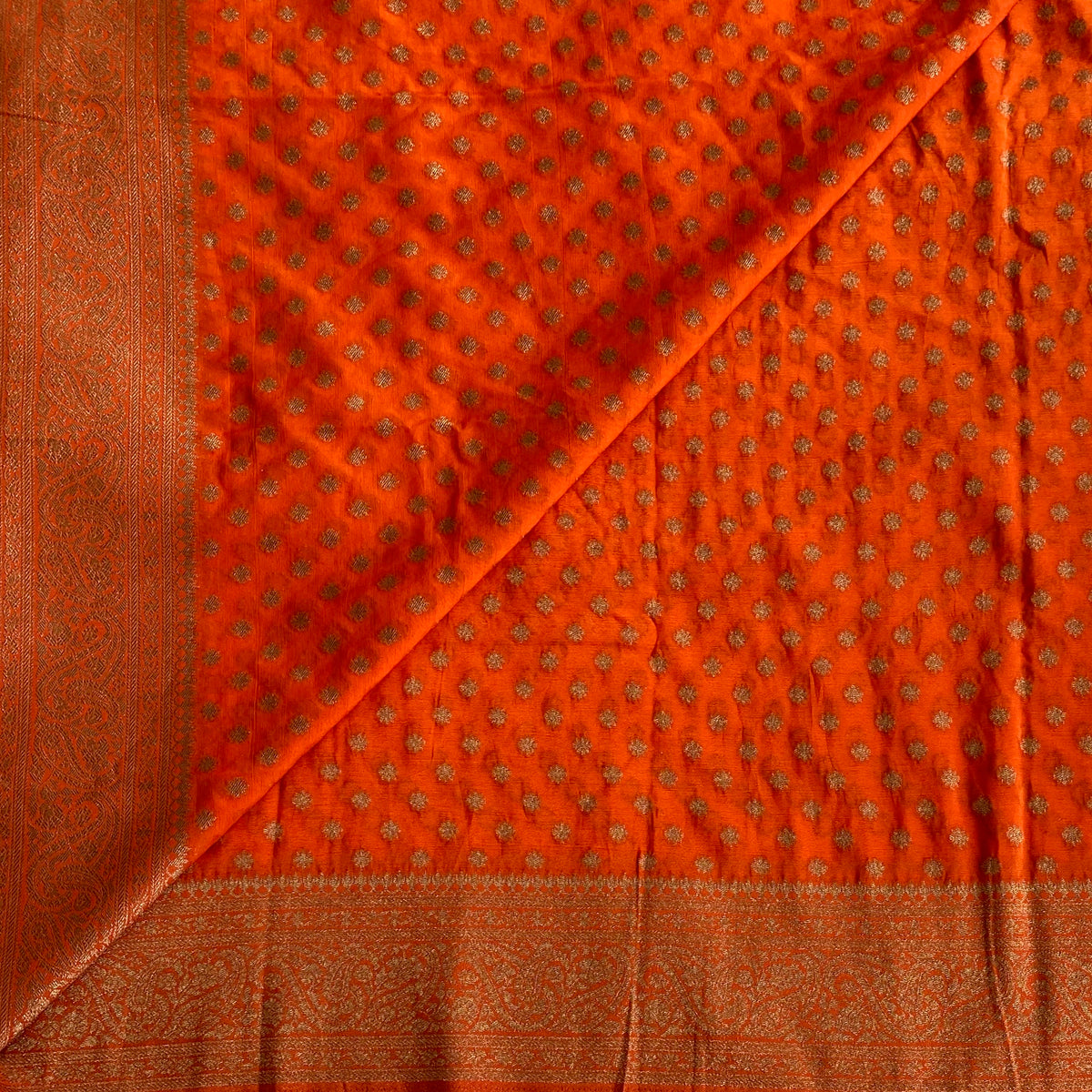 Burnt Orange Soft Tussar Silk Saree With Antique Gold Zari Pallu