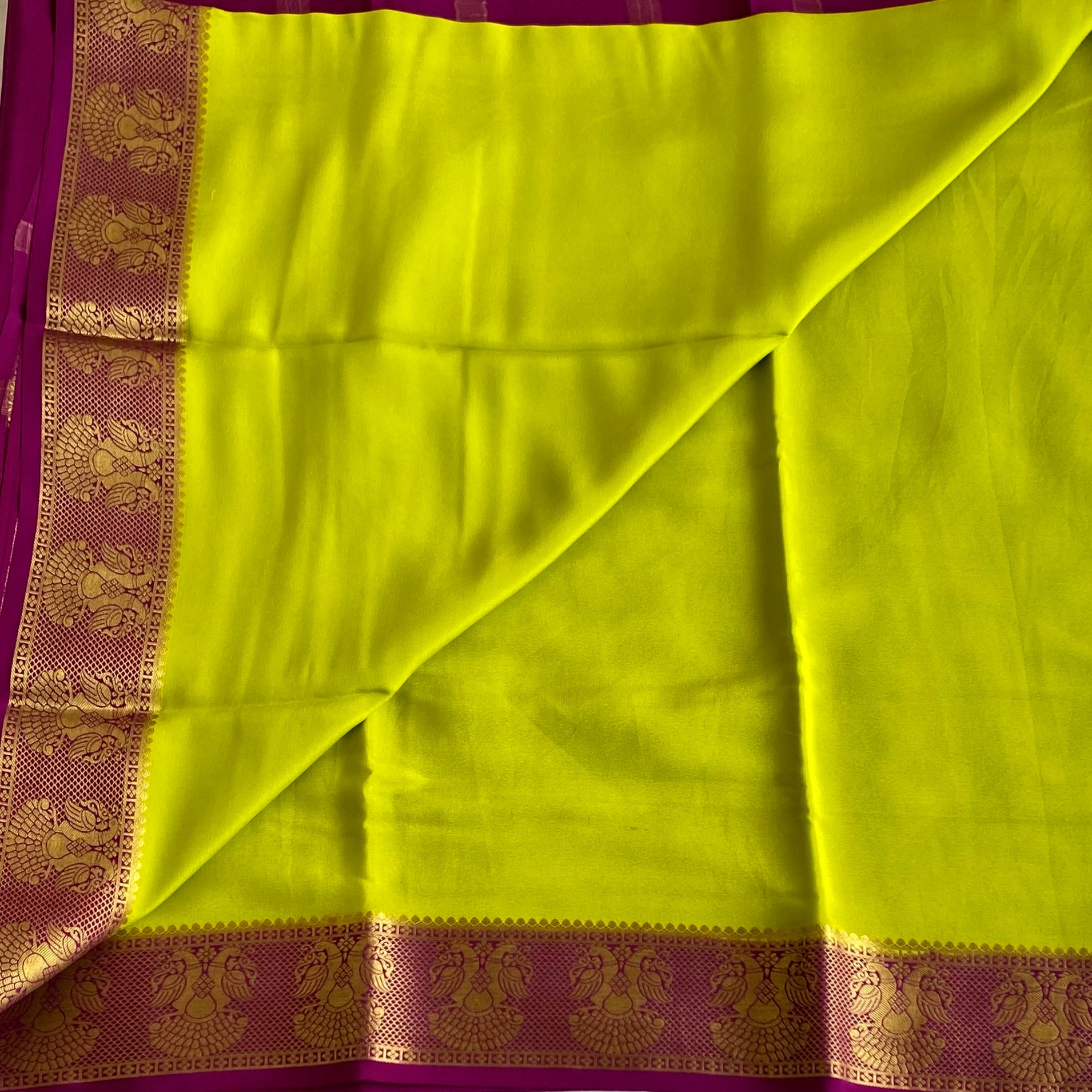 Chartreuse Silk Saree Gold Brocade Peacock Border Traditional Festive Wear