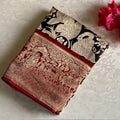 Jet Black Kalamkari Soft Tussar Silk Saree With Rich Maroon Temple Pallu