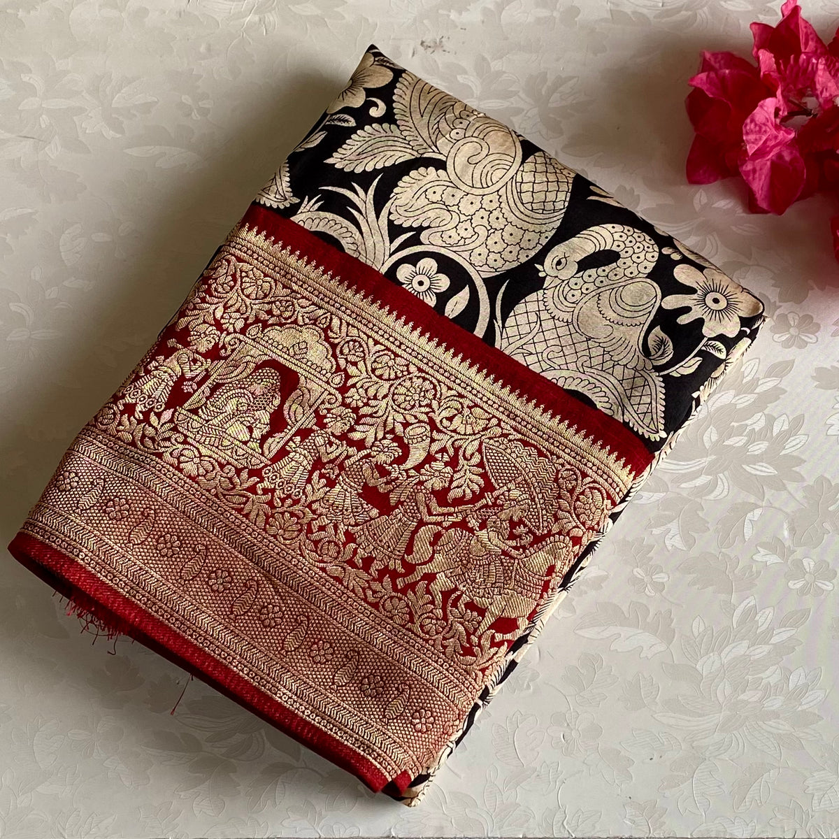 Jet Black Kalamkari Soft Tussar Silk Saree With Rich Maroon Temple Pallu