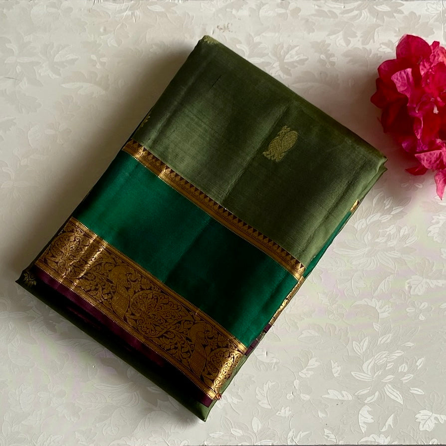 Olive Green Designer Pure Silk with Dark Wine Brown & Bottle Green