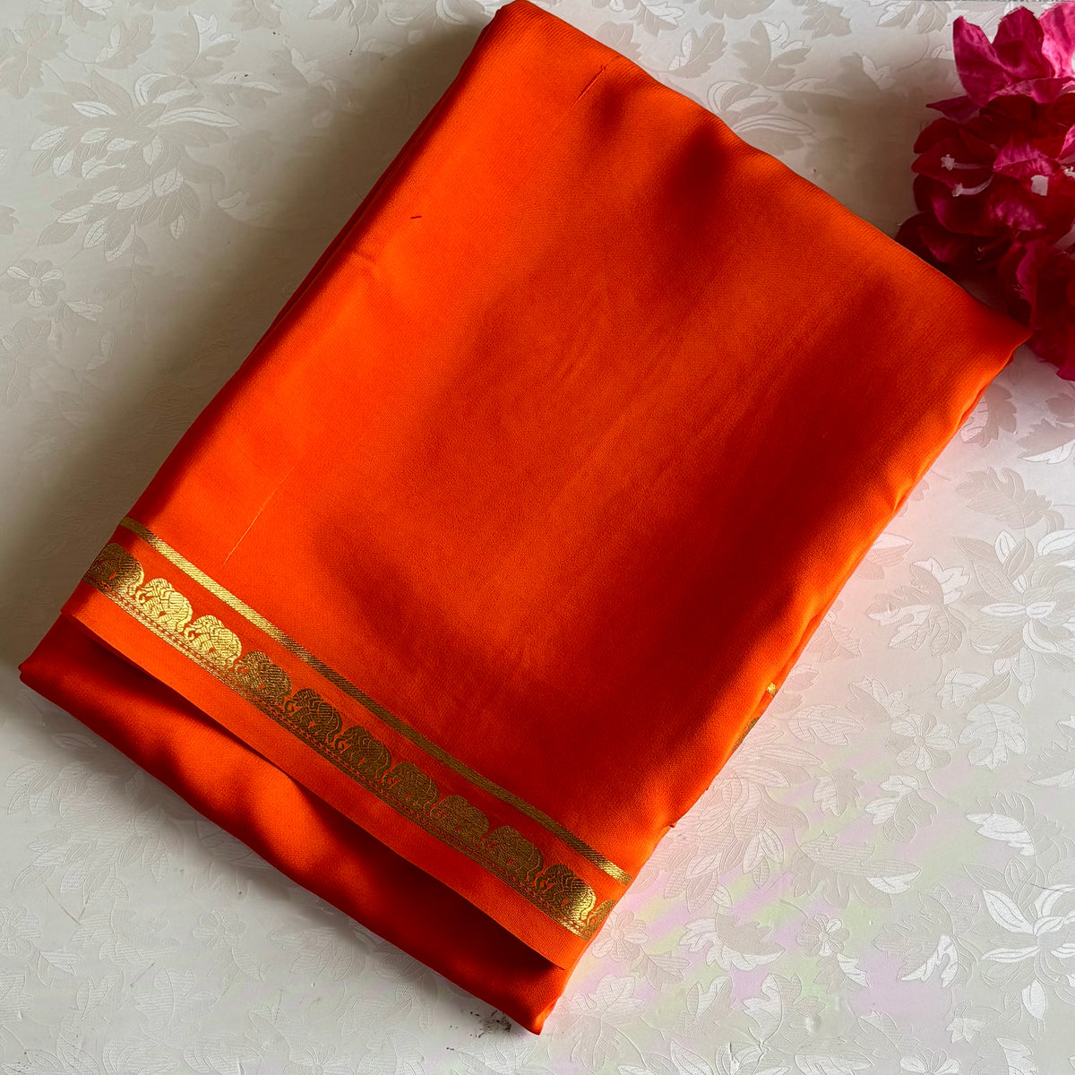 Tangerine Orange Mysore Crepe Silk Saree With Metallic Gold Stripes