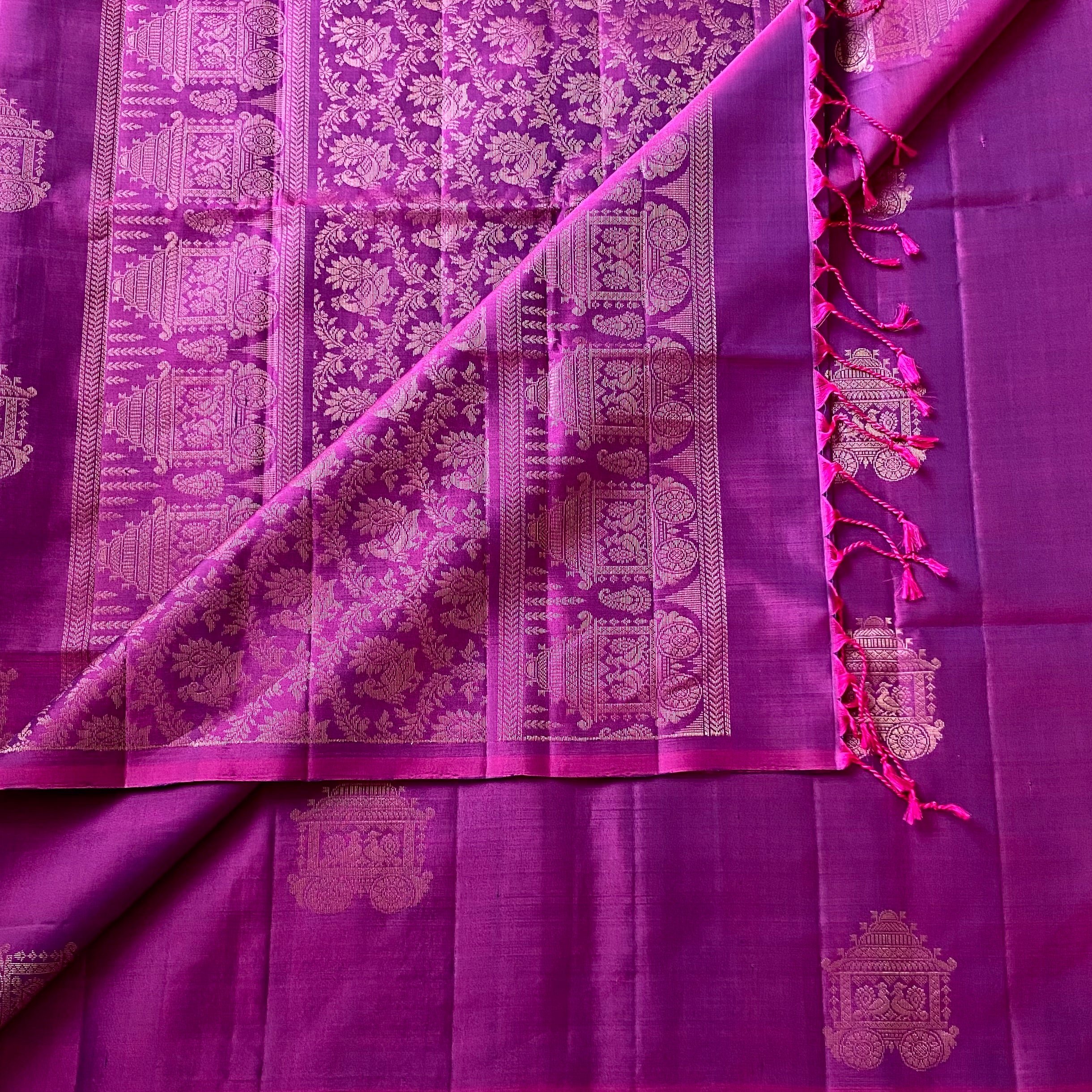 Elegant Magenta Gold Brocade Saree With Chariot Motif Pallu Tassels