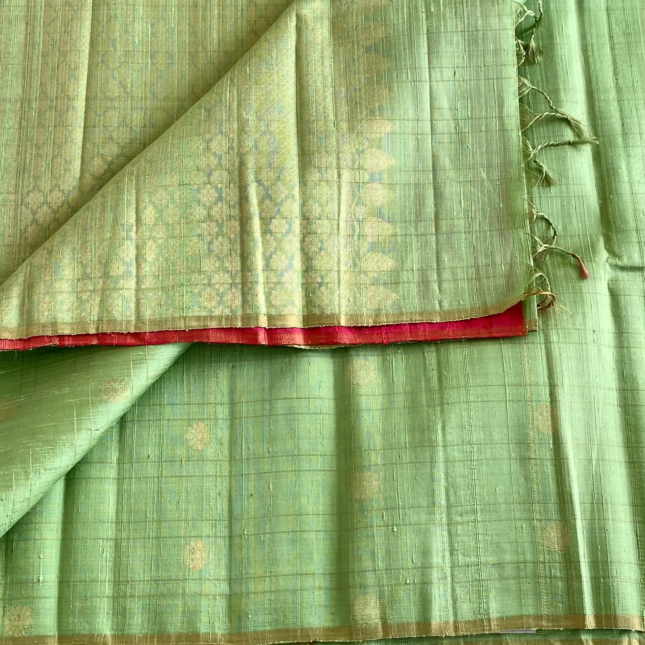 Mint Green Designer Pure Raw Silk Saree With Rani Pink Blouse