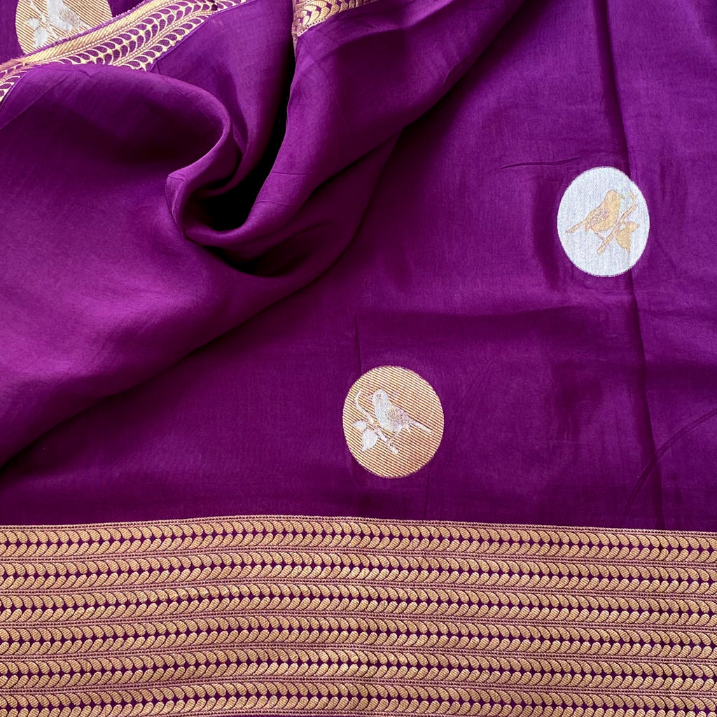 Royal Purple Silk Saree Antique Gold Bird Medallion Zari Border