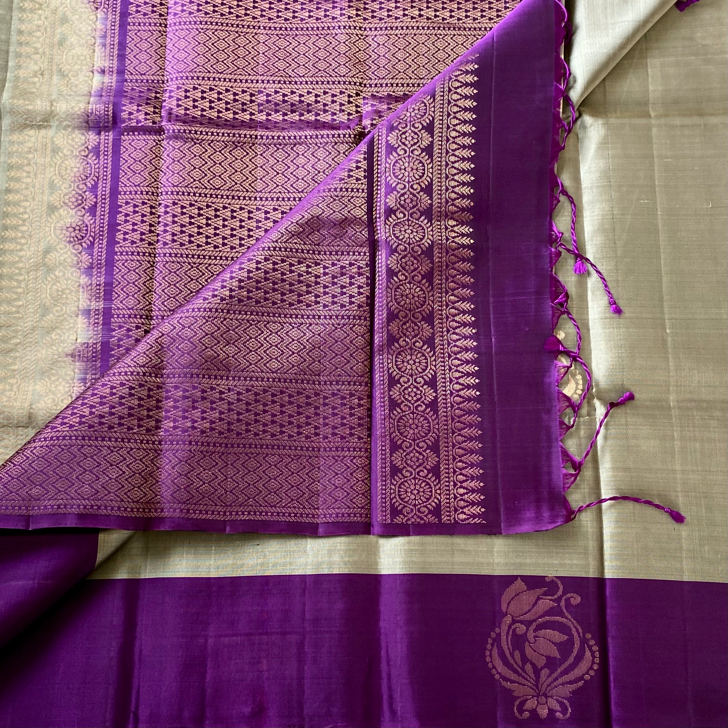 Royal Purple Silk Saree Pale Silver Body Gold Zari Work