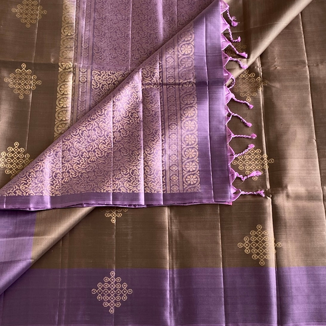 Mauve Brown Designer Pure Silk Saree With Lilac Purple Pallu