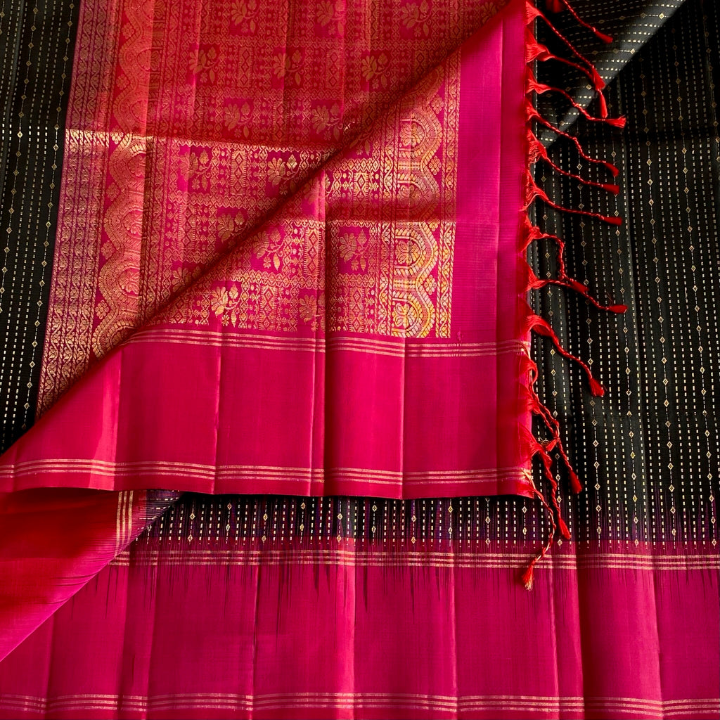 Jet Black Designer Pure Silk with Stunner Rani Pink & Zari Weave