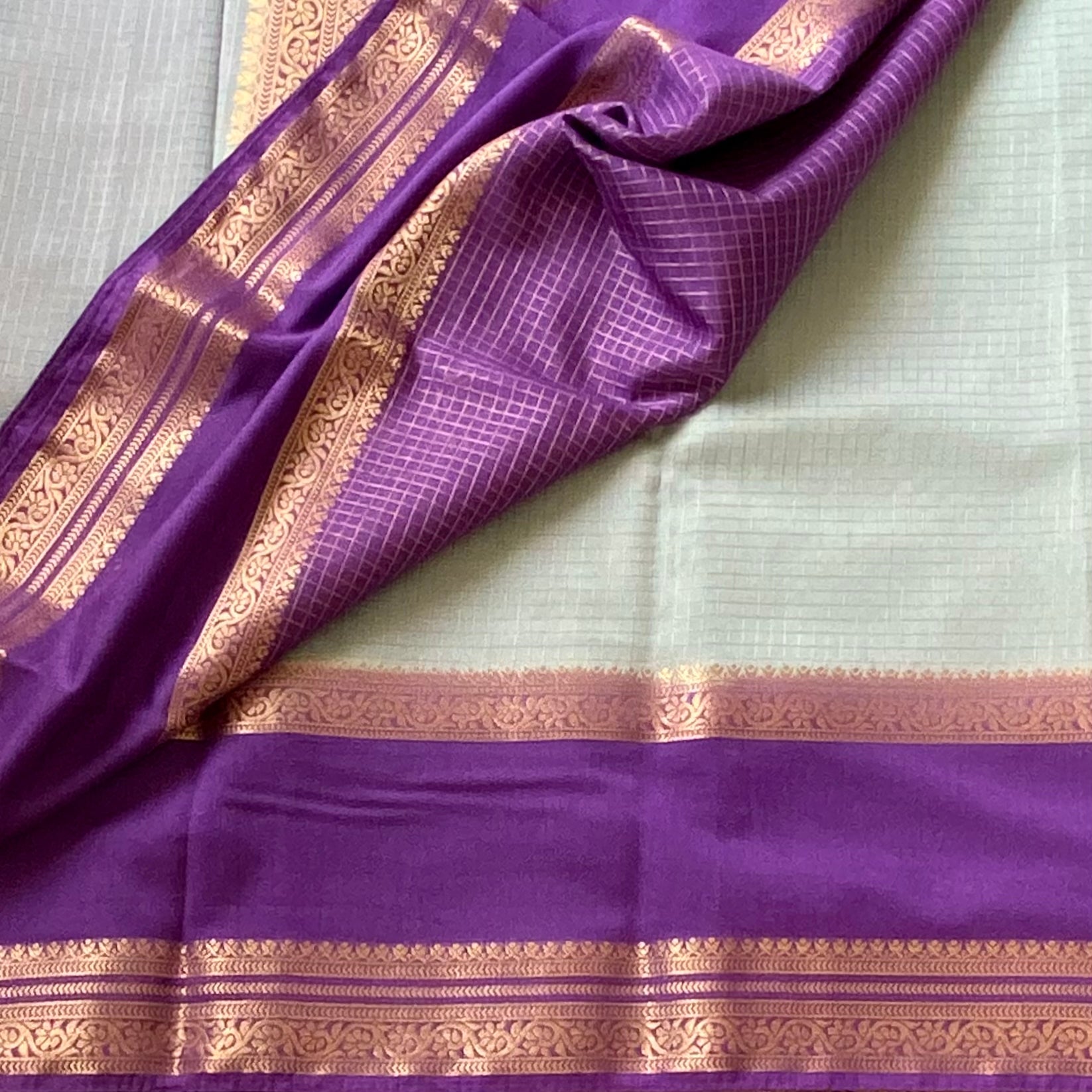 Mint Green Saree With Purple Pallu Gold Brocade Festive Wear