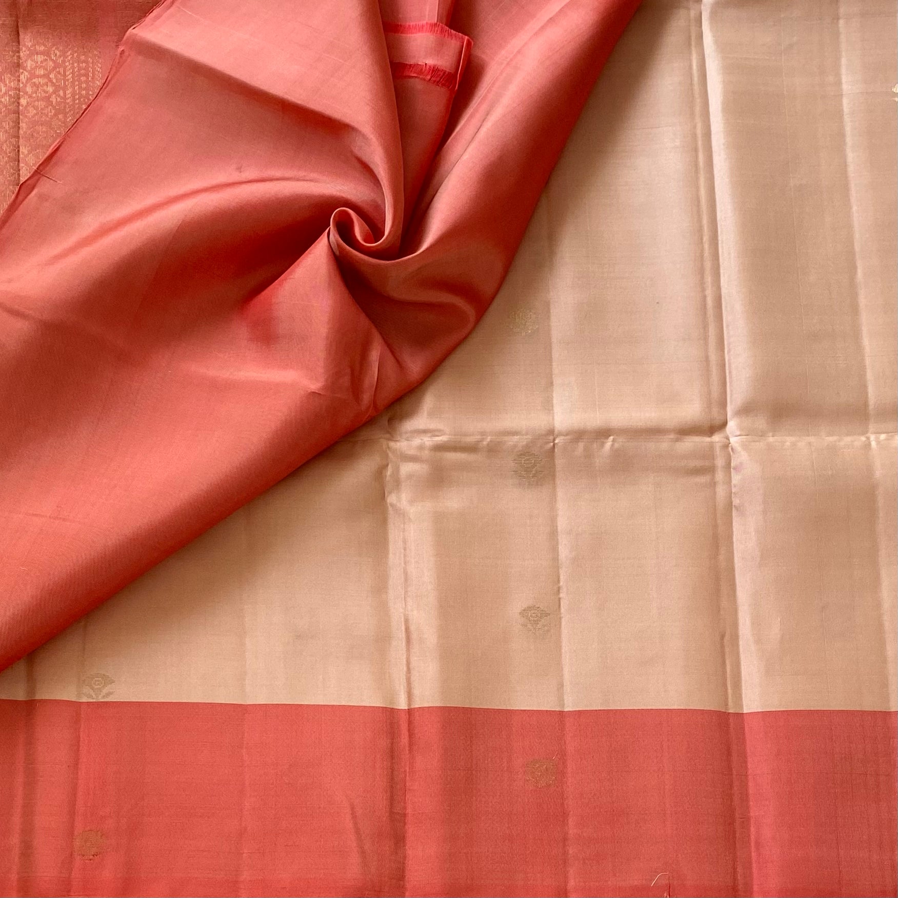 Almond Beige With Metallic Subtle Orange Designer Lightweight Pure Silk