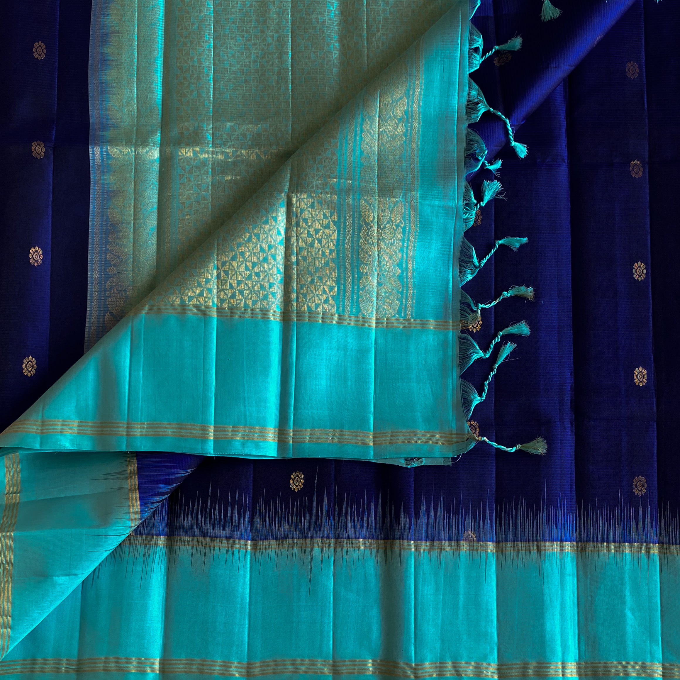 Royal Blue Aqua Silk Saree Gold Woven Zari Floral Pallu
