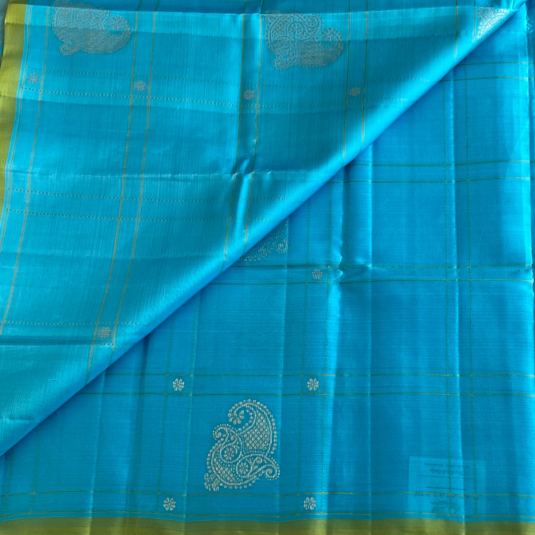 Turquoise Blue Designer Pure Silk Saree With Lime Green Pallu