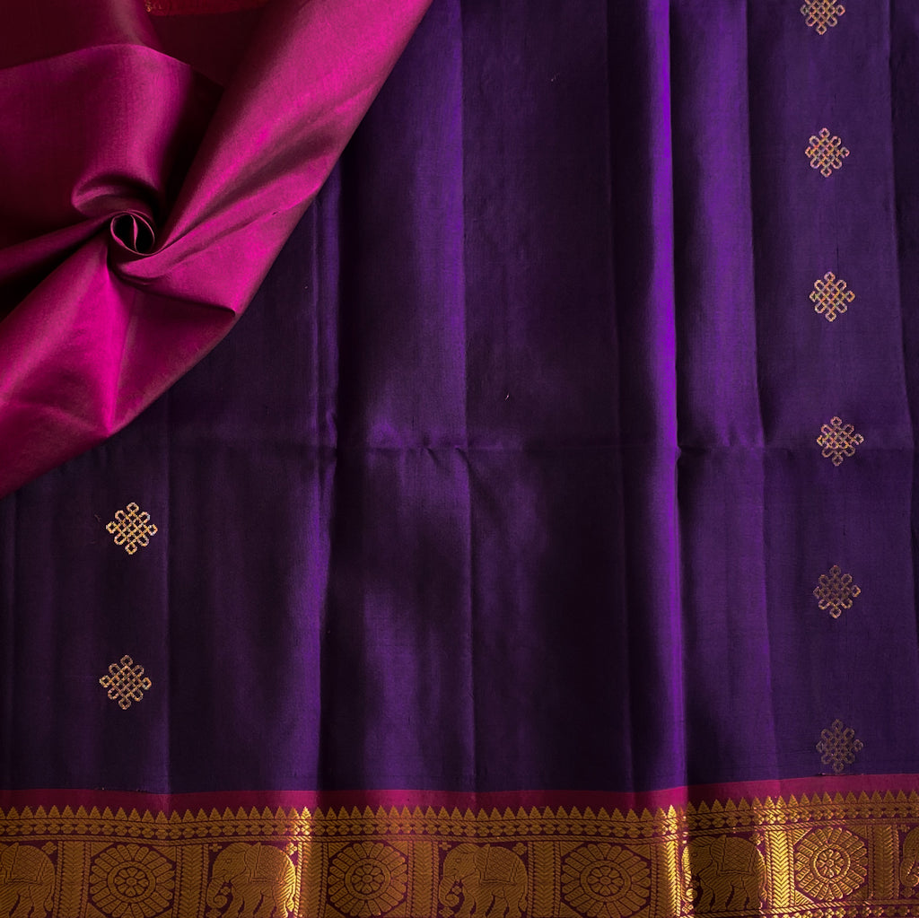 Royal Purple Zari Border Saree with Fuchsia Pallu and Elephants
