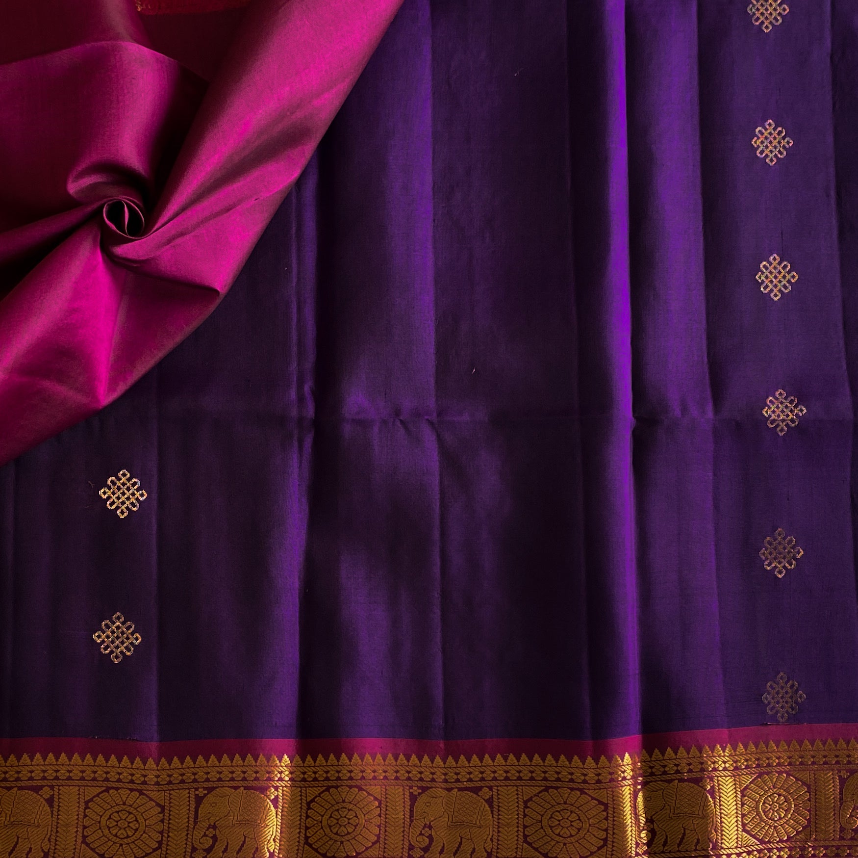 Royal Purple Zari Border Saree with Fuchsia Pallu and Elephants