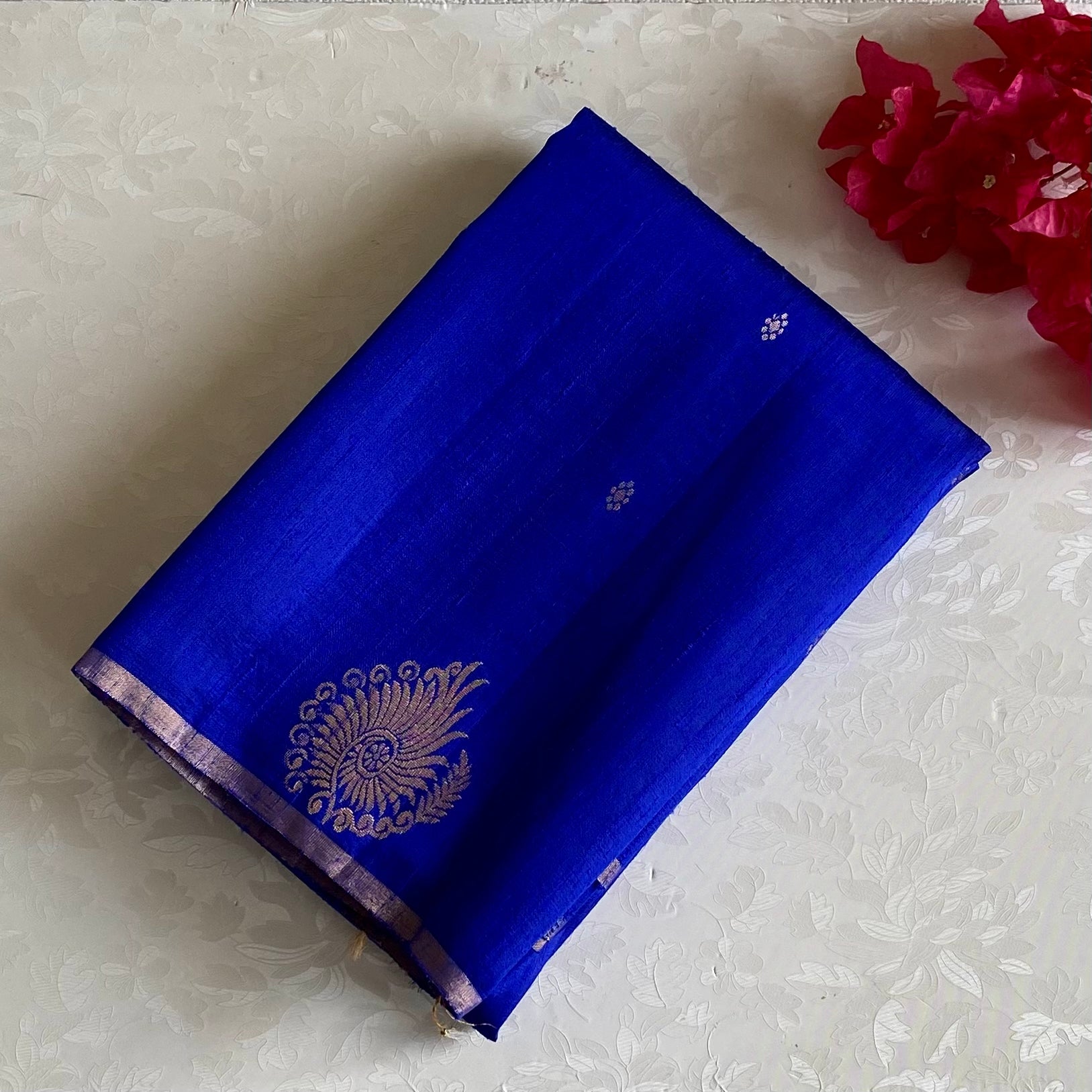 Royal Blue Designer Pure Raw Silk Saree With Golden Yellow Blouse