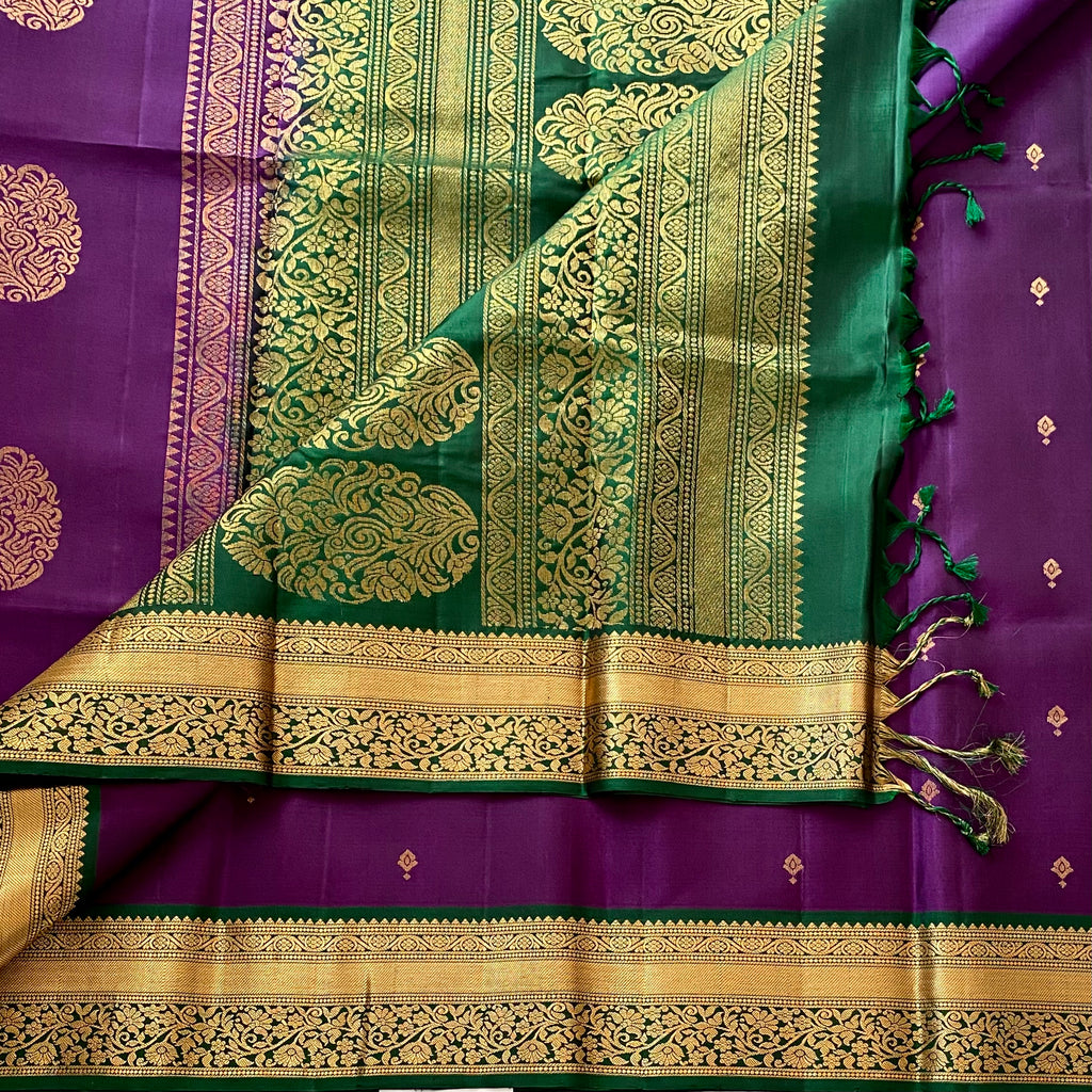 Deep Purple Designer Pure Silk with Emerald Green Zari Border