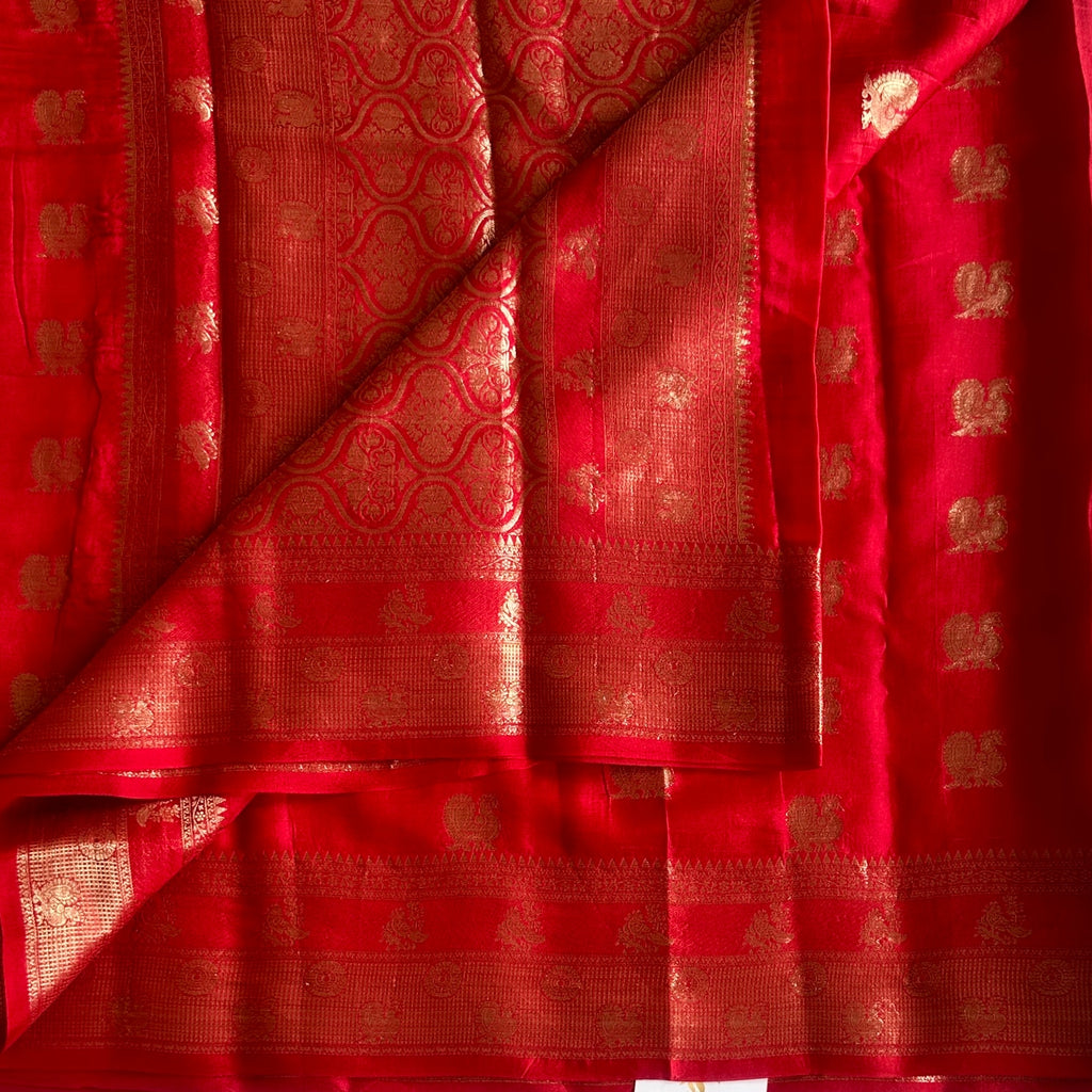 Ruby Red Zari Brocade Saree with Woven Gold Border Pallu