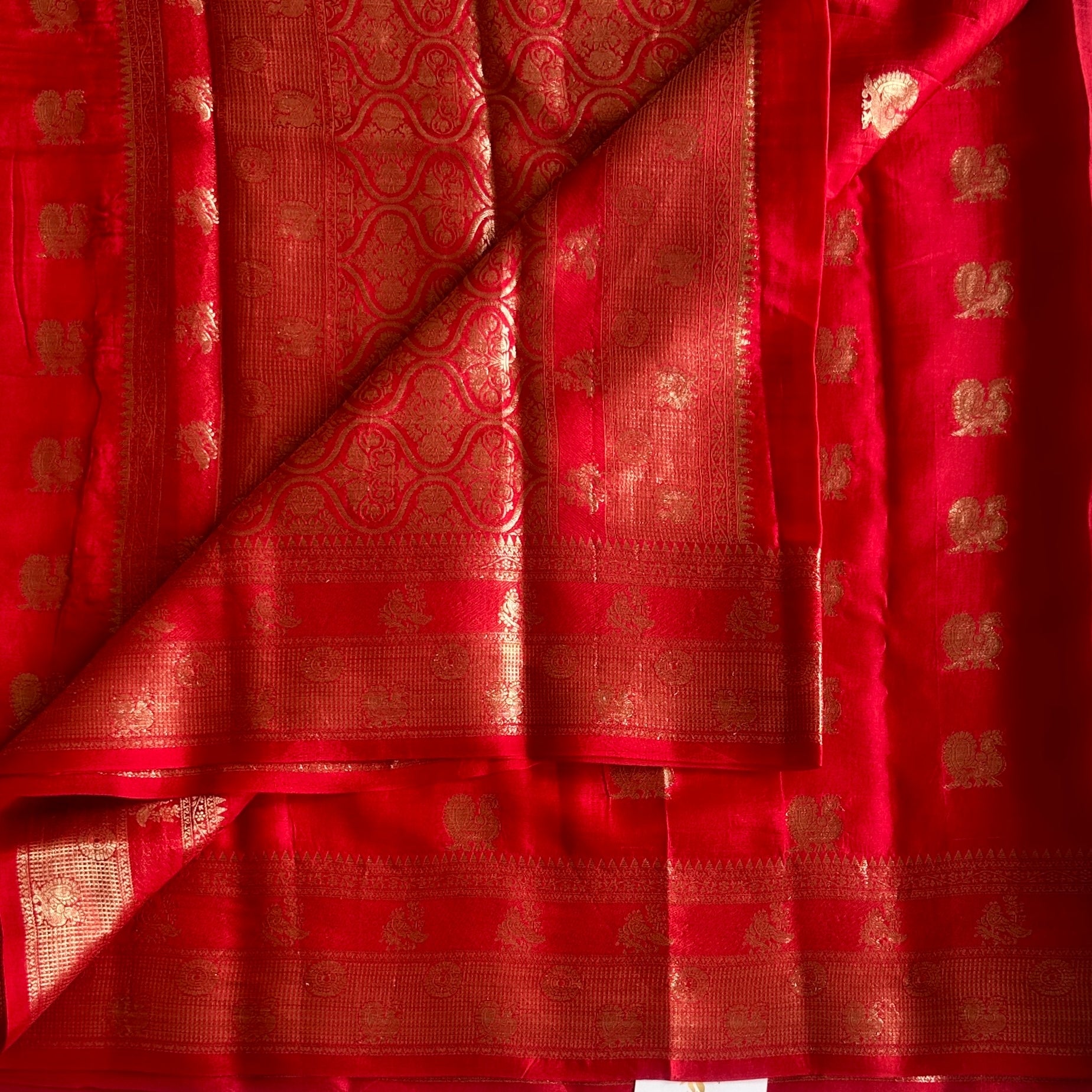 Ruby Red Zari Brocade Saree with Woven Gold Border Pallu