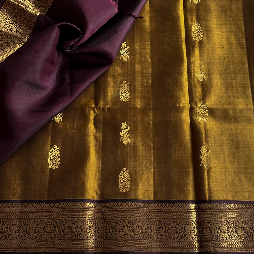 Mustard Gold Silk Saree With Plum Pallu And Golden Zari