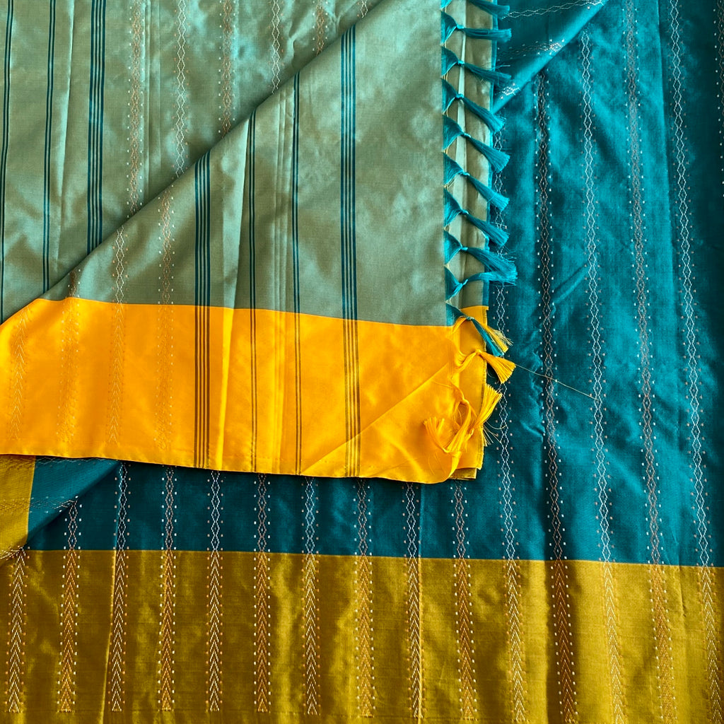Peacock Blue Soft Blended Silk With Mustard Green Borders