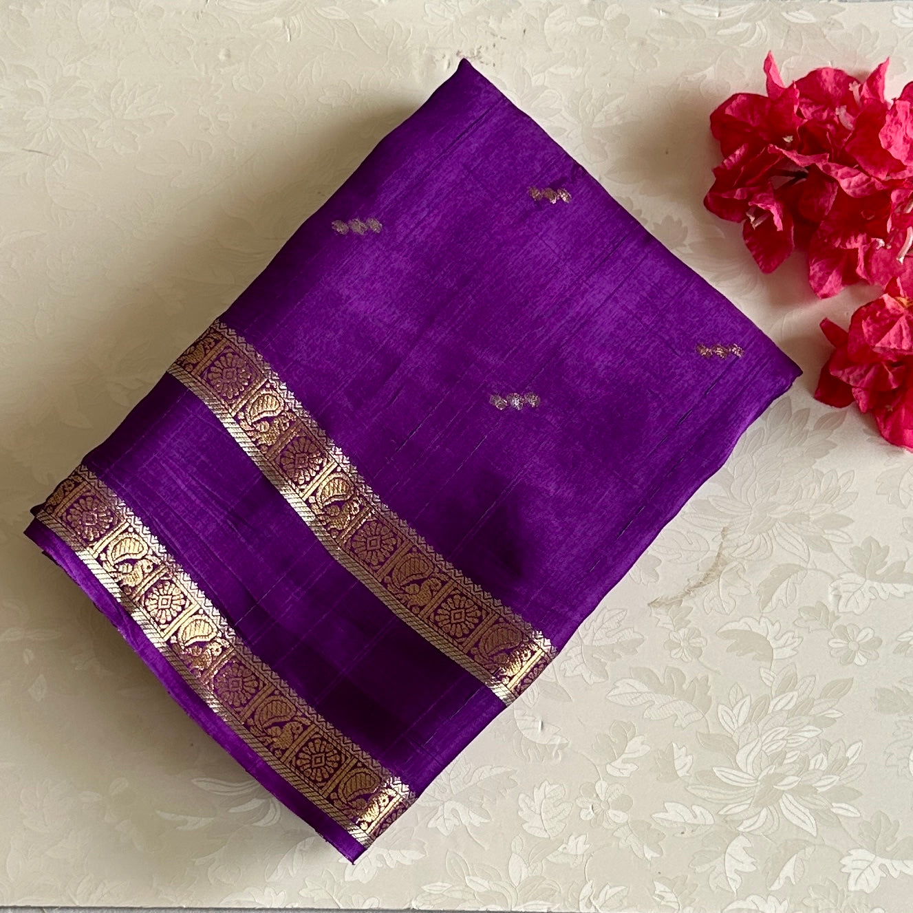 Royal Purple Soft Tussar Silk Saree With Metallic Gold Stripes