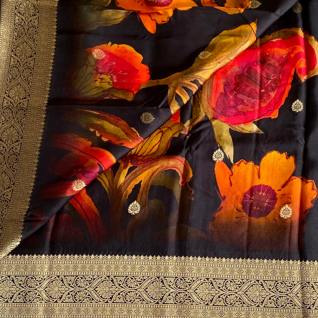 Jet Black Jute Tussar Silk With Antique Zari Pallu Burnt Orange Floral Brocade