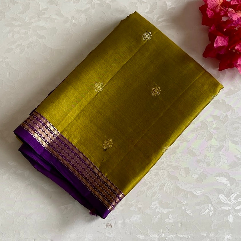 Olive Green Designer Pure Silk Saree With Royal Purple Pallu