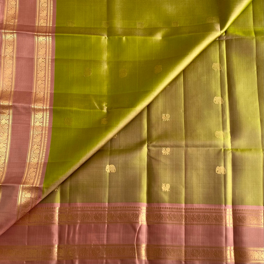 Pastel Dual Shaded Olive Green Designer Pure Silk Saree With Dusty Rose Pallu
