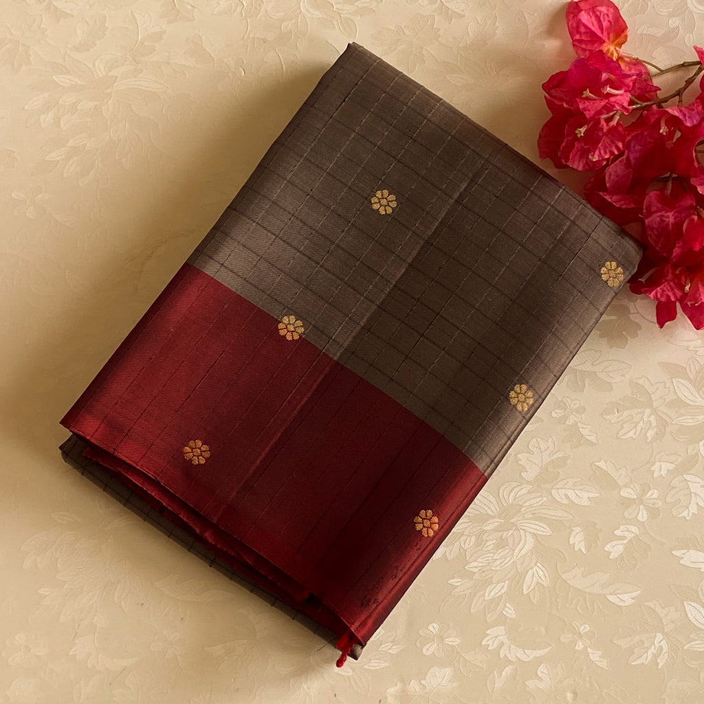 Taupe Grey Silk Saree Deep Maroon Pallu Gold Zari Border