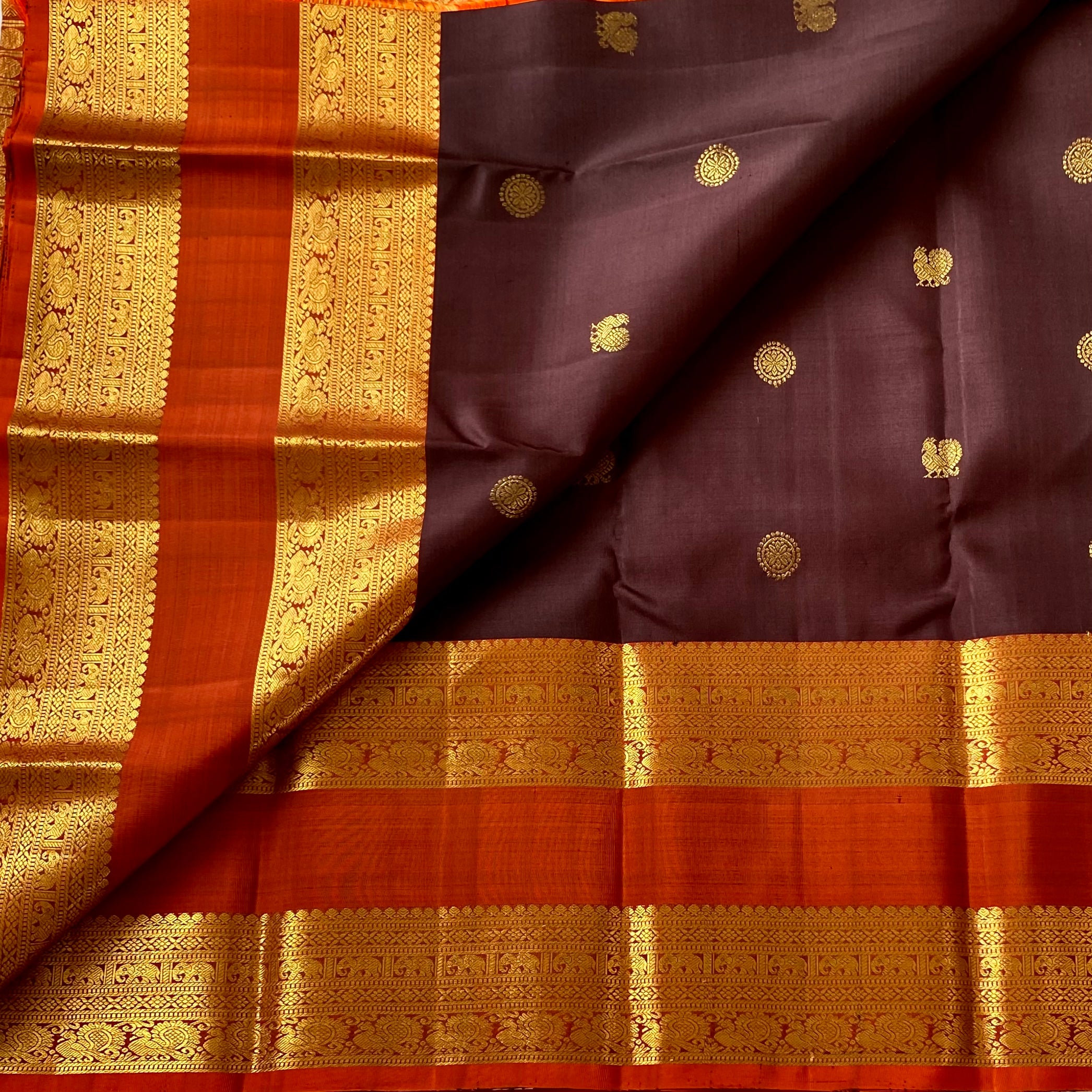 Burnt Orange Brocade Diamond Saree With Aubergine Pallu Gold Zari