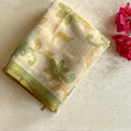 Ecru Sage Floral Embroidered Saree Gold Threadwork Green Border Tassels